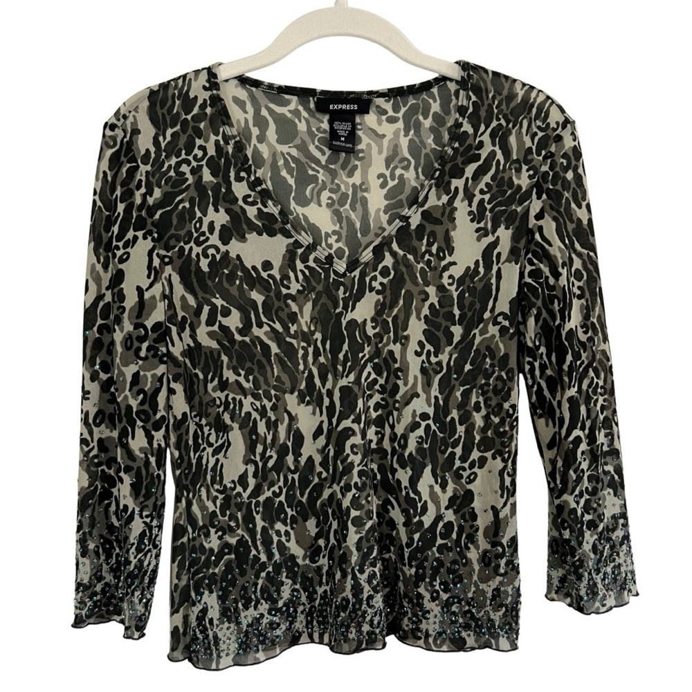 Express Y2K Mesh Leopard Print Rhinestone Top Medium